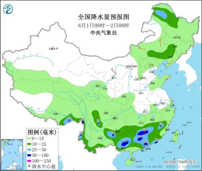 全国降水量预报图(6月1日08时-2日08时)