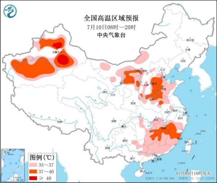 全国高温区域预报图(7月10日8时-10日20时)