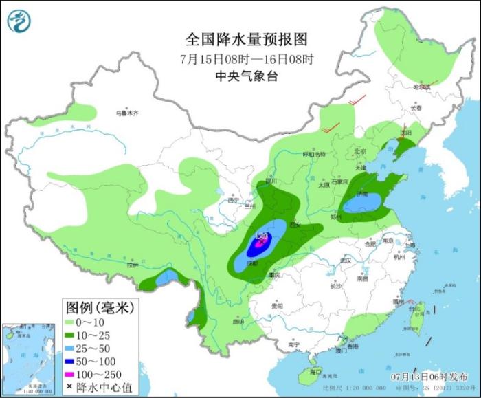 全国降水量预报图(7月15日8时-16日8时) 