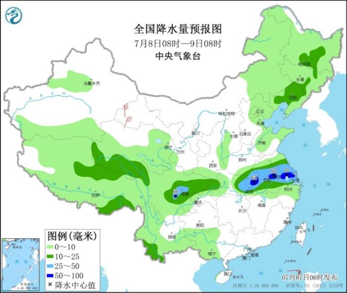 全国降水量预报图(7月8日08时-9日08时)