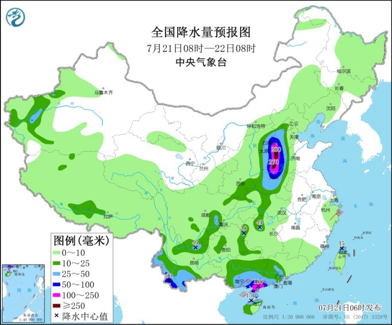 全国降水量预报图(7月21日08时-22日08时)