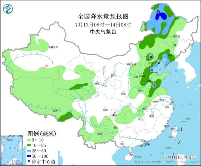 图5 全国降水量预报图(7月13日08时-14日08时)