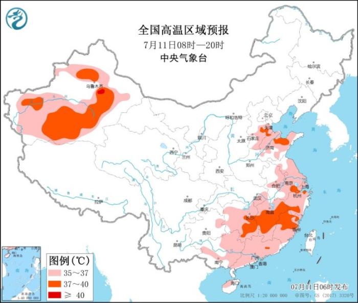 图2 全国高温区域预报图(7月11日08时-11日20时)