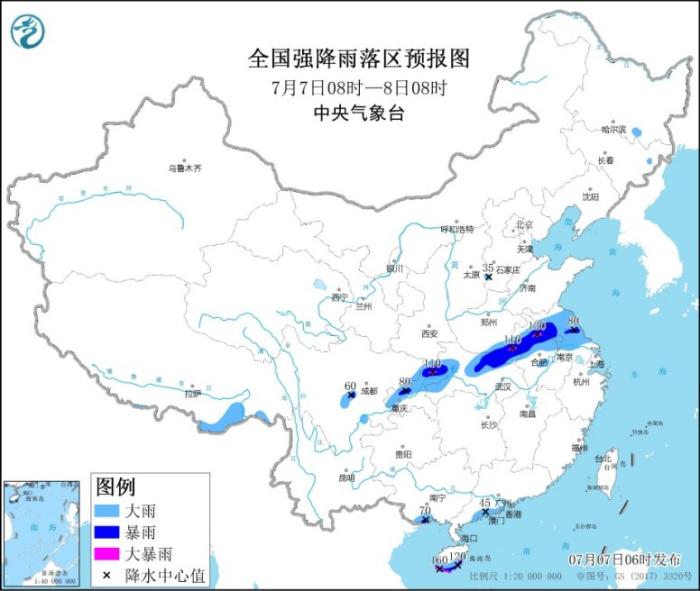 全国强降水落区预报图(7月7日08时-8日08时)