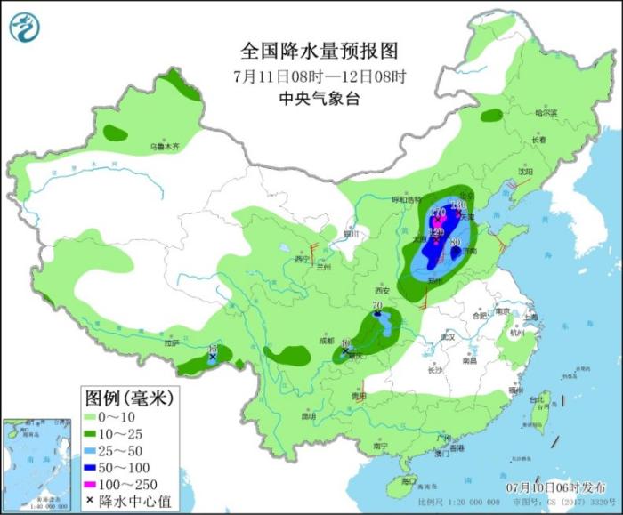 全国降水量预报图(7月11日8时-12日8时)