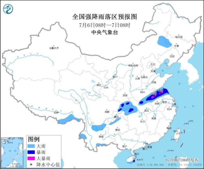 全国强降水落区预报图(7月6日08时-7日08时)