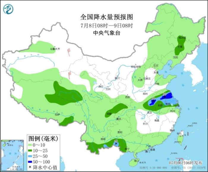 全国降水量预报图(7月8日08时-9日08时)