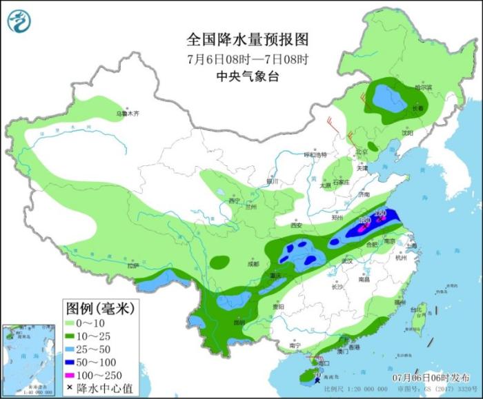 全国降水量预报图(7月6日08时-7日08时)