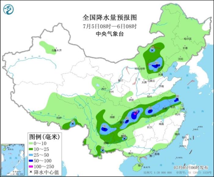 全国降水量预报图(7月5日08时-6日08时)