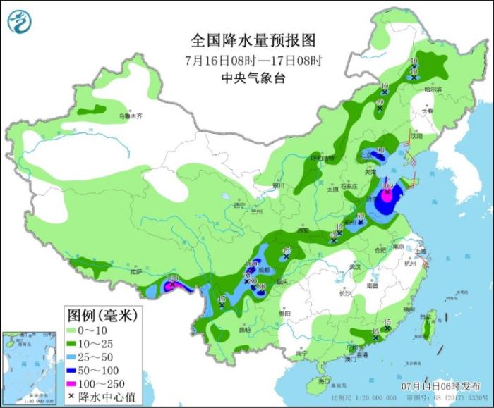 全国降水量预报图(7月16日8时-17日8时) 