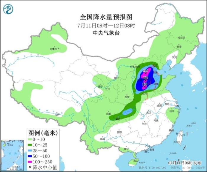 图3 全国降水量预报图(7月11日08时-12日08时)