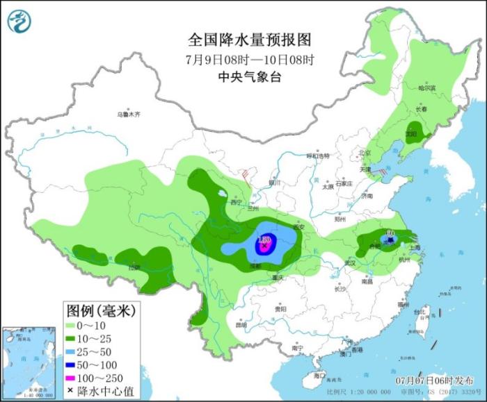 全国降水量预报图(7月9日08时-10日08时)