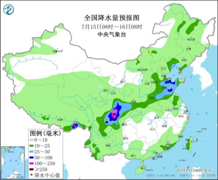 全国降水量预报图(7月15日8时-16日8时)