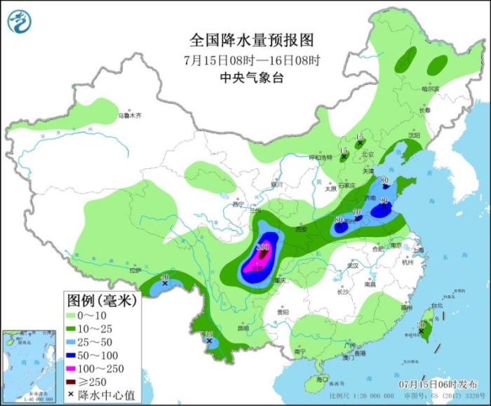 全国降水量预报图(7月15日8时-16日8时)