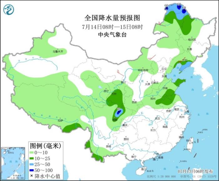 全国降水量预报图(7月14日8时-15日8时)