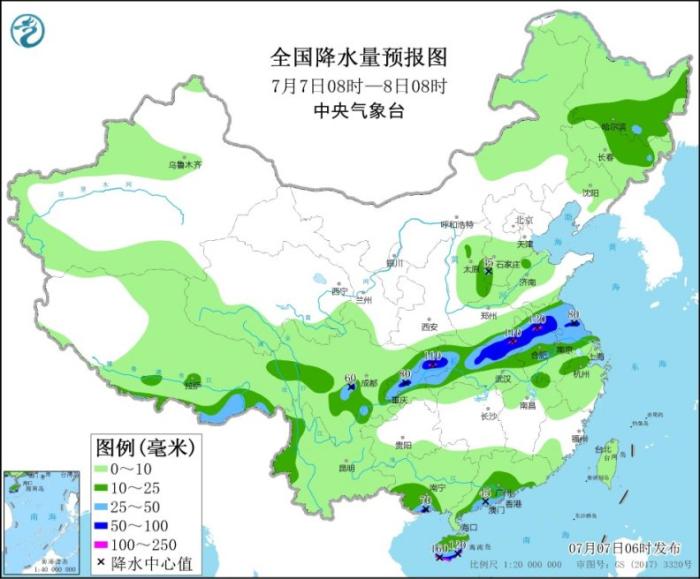 全国降水量预报图(7月7日08时-8日08时)