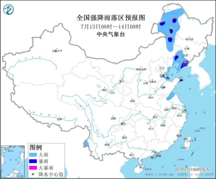 全国强降雨落区预报图(7月13日8时-14日8时)