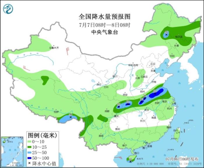 全国降水量预报图(7月7日08时-8日08时)