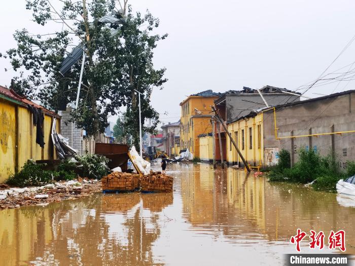 图为街道灌满雨水，彩钢板“飞上树”。　吕子豪 摄