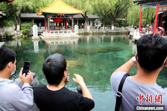 各地游客前来观泉并拍照留念。　沙见龙 摄