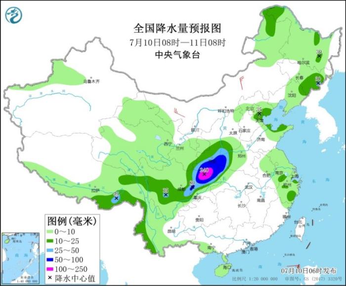 全国降水量预报图(7月10日8时-11日8时)