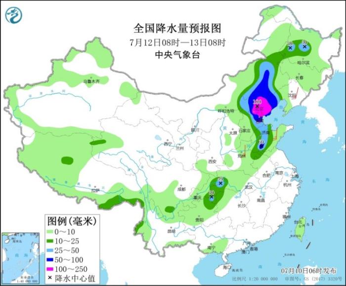 全国降水量预报图(7月12日8时-13日8时)