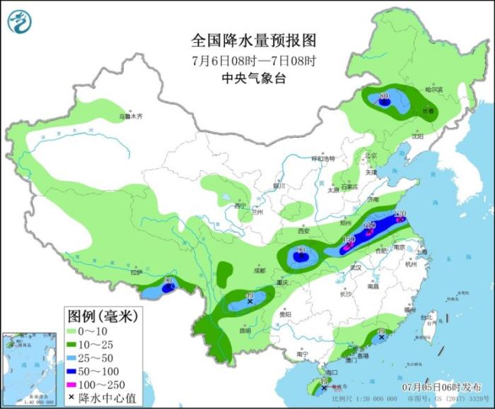 全国降水量预报图(7月6日08时-7日08时)