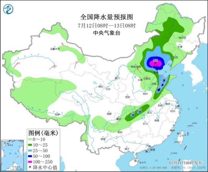 图4 全国降水量预报图(7月12日08时-13日08时)