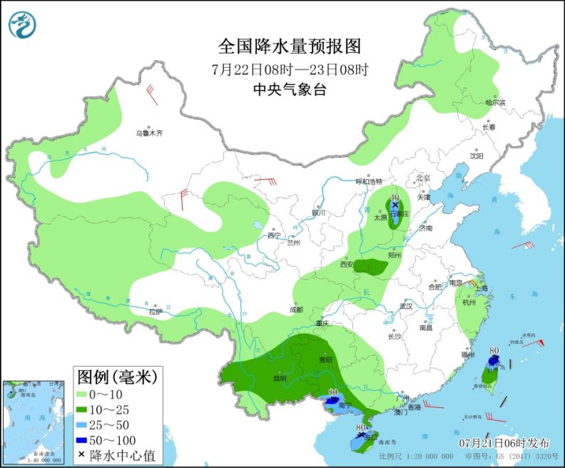 全国降水量预报图(7月22日08时-23日08时)