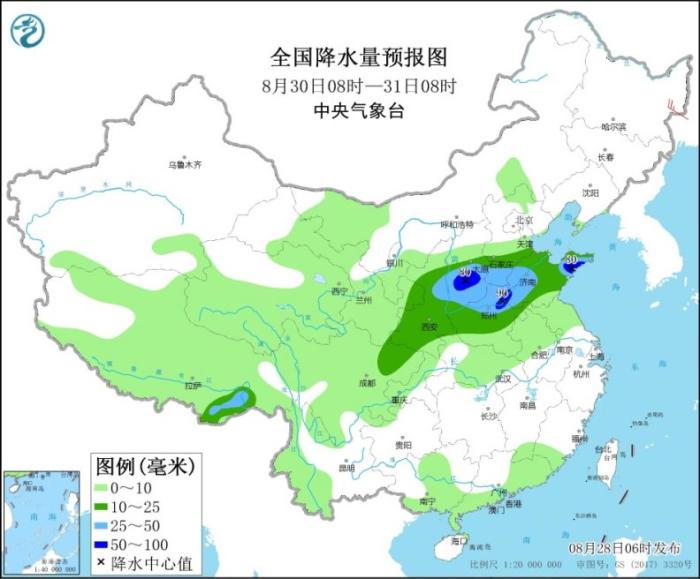 图4 全国降水量预报图(8月30日08时-31日08时)