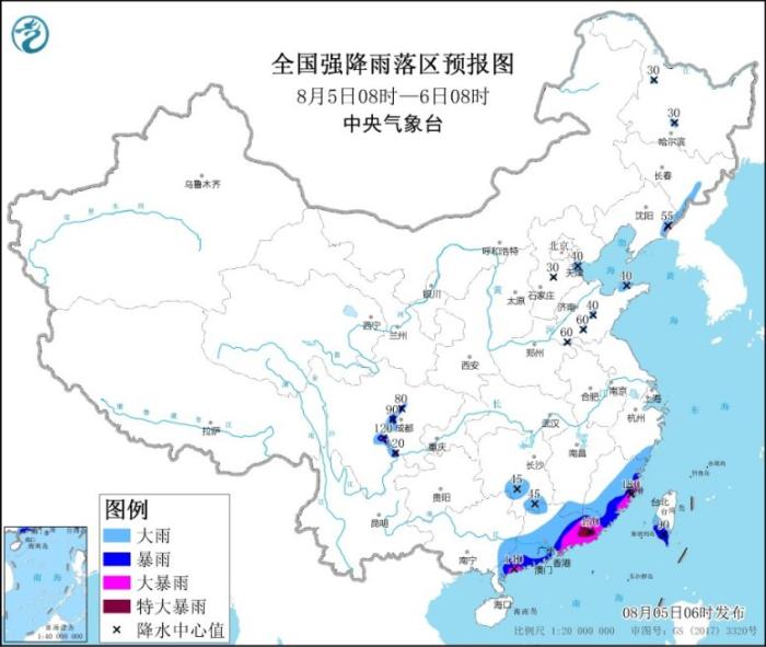 全国强降雨落区预报图(8月5日8时-6日8时)