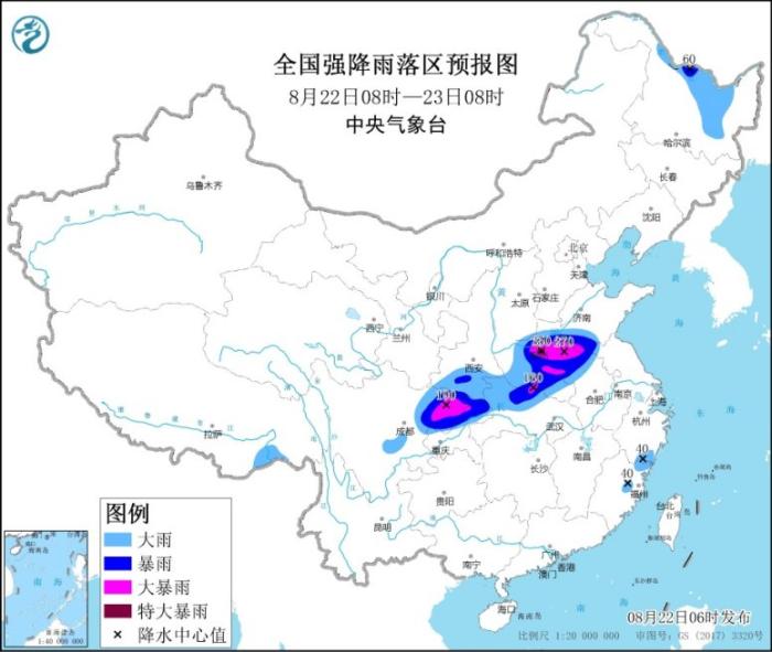 全国强降雨落区预报图(8月22日08时-23日08时)