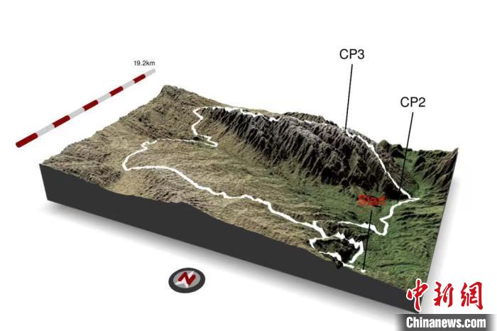 发生事故的CP2(河谷)至CP3(山顶)爬坡赛段示意图。　中科院大气所 供图