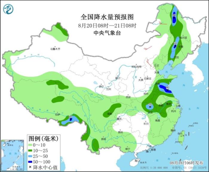 全国降水量预报图(8月20日08时-21日08时)