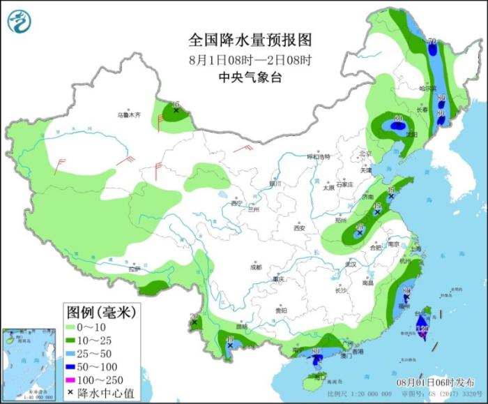 全国降水量预报图(8月1日8时-2日8时)