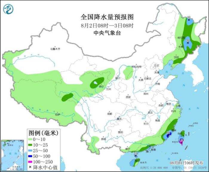 全国降水量预报图(8月2日8时-3日8时)