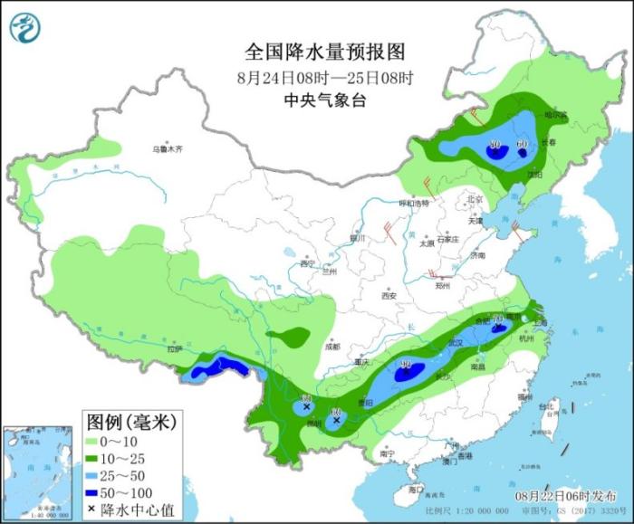 全国降水量预报图(8月24日08时-25日08时)