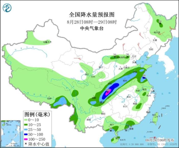 图2 全国降水量预报图(8月28日08时-29日08时)