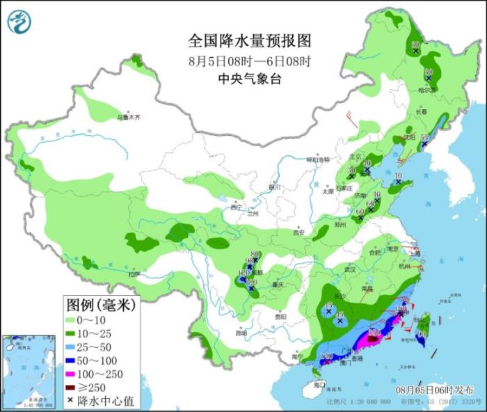 全国降水量预报图(8月5日8时-6日8时)