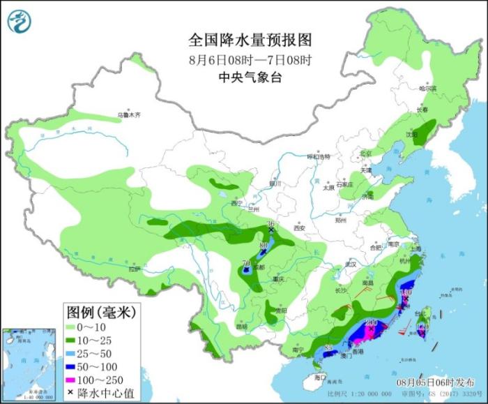 全国降水量预报图(8月6日8时-7日8时)