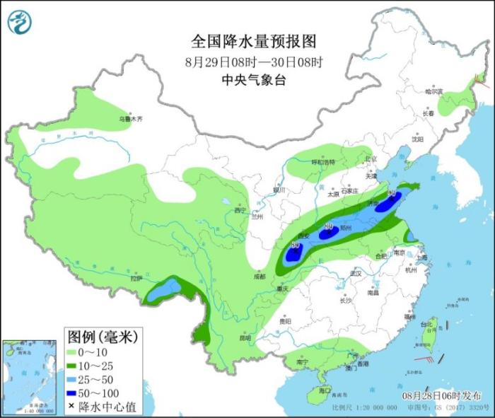 图3 全国降水量预报图(8月29日08时-30日08时)