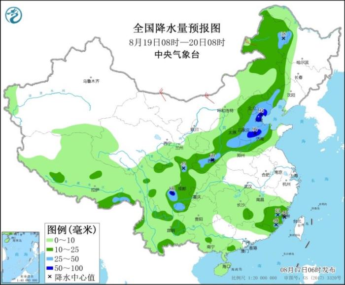 全国降水量预报图(8月19日8时-20日8时)