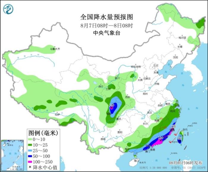 全国降水量预报图(8月7日8时-8日8时)