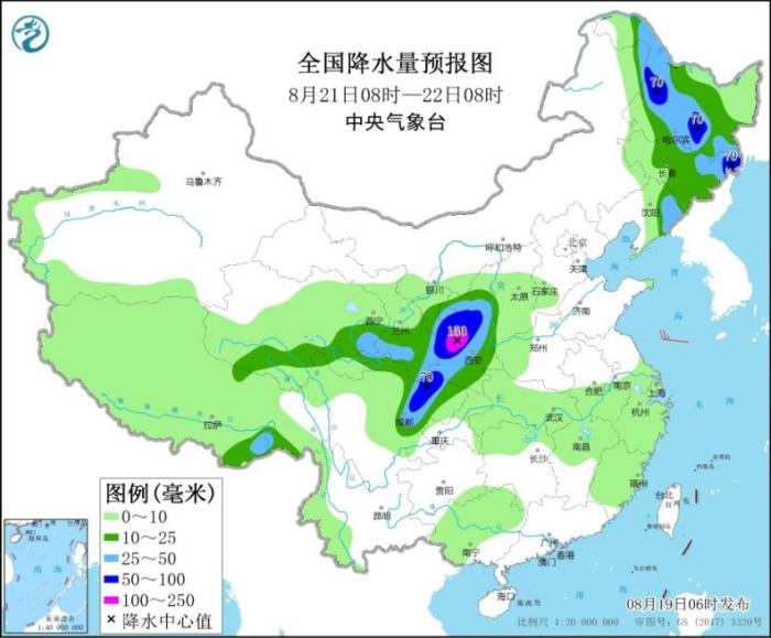 全国降水量预报图(8月21日8时-22日8时)