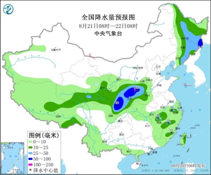 全国降水量预报图(8月21日8时-22日8时)