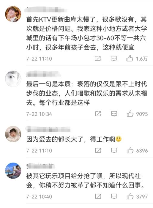 图为话题#为什么现在人们去KTV少了#网友讨论截图 。