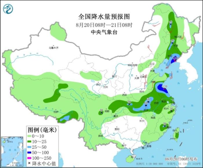 全国降水量预报图(8月20日8时-21日8时)