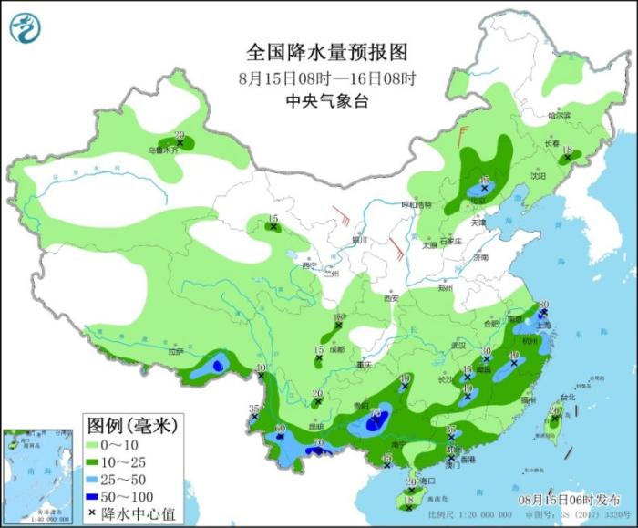 全国降水量预报图(8月15日08时-16日08时)