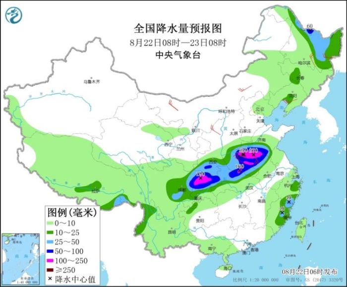 全国降水量预报图(8月22日08时-23日08时)