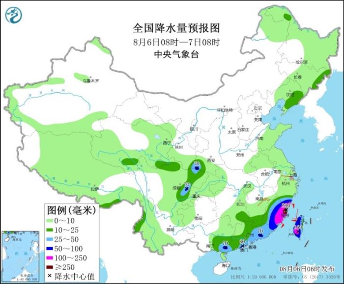 全国降水量预报图(8月6日08时-7日08时)